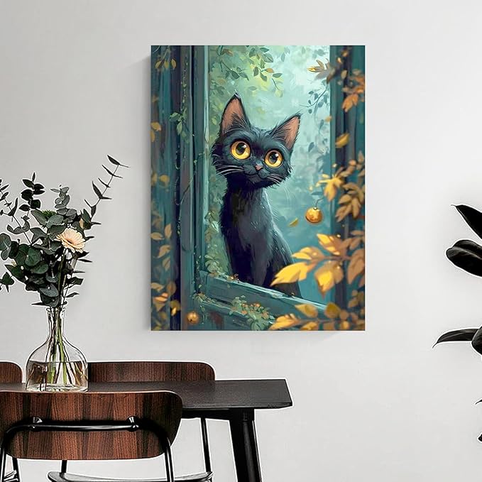 mrpwnle Black Cat Diamond Art Kits for Adults, Cat Diamond Painting Kits for Adults Beginners, 5D Diamonds Paintings Round Full Drill Gem Art Kit, Home Wall Decor Gifts 12x16inch