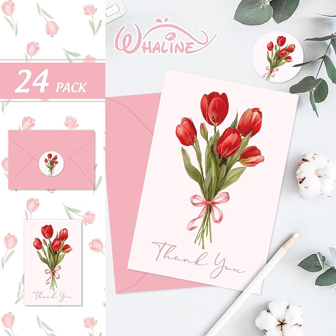 Whaline 24 Pack Tulip Flower Thank You Cards Greeting Cards Pink Floral Blank Note Card with Envelopes Stickers for Spring Mother's Day Wedding Bridal Baby Shower Birthday, 4 x 6 Inch