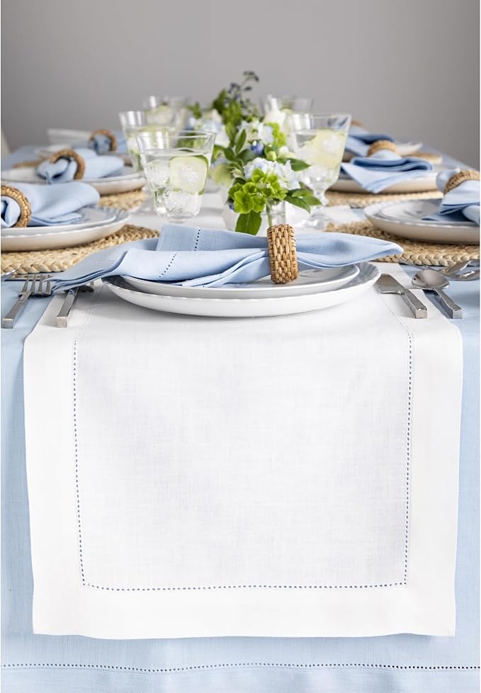 Solino Home Linen Table Runner 108 Inches Long - 100% Pure Linen White Table Runner 16 x 108 Inch for Spring, Easter, Valentines - Classic Hemstitch