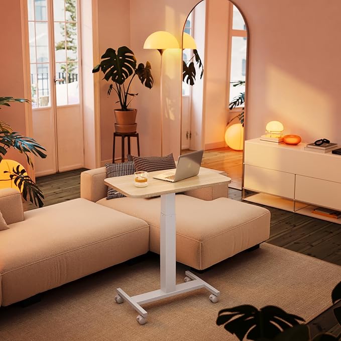 HUANUO Small Rolling Laptop Standing Desk, Height Adjustable Mobile T-Base Desk with Lockable Casters, Portable Sit-Stand Workstation for Bedside & Sofa, Light Walunt