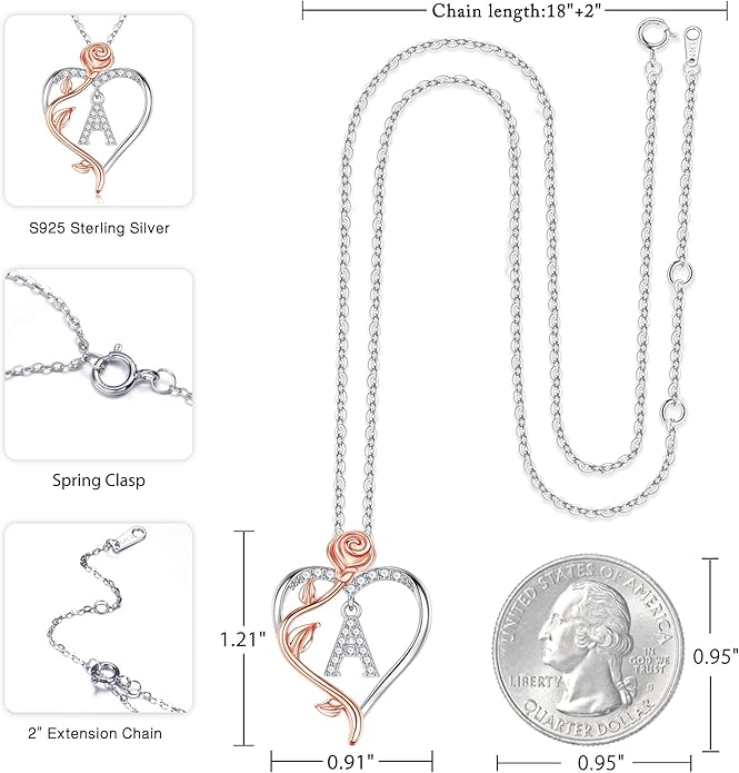 Iefil Stocking Stuffers for Women Wife - 925 Sterling Silver Rose Heart Initial Necklace, Christmas Anniversary Birthday Gifts for Women, Jewelry Gift for Her Wife Girlfriend Mom Daughter