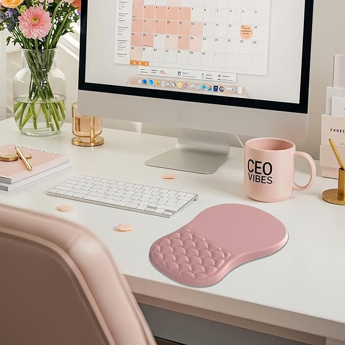 Ergonomic Mouse Pad Wrist Support with Massage Design,Classic Pink Wrist Pain Relief Mousepad with Memory Foam,Non-Slip PU Base