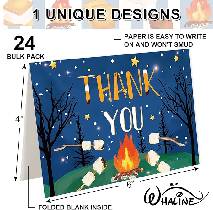 Whaline 24 Pack S'more Camping Theme Thank You Cards Greeting Cards with Envelopes Stickers Marshmallow Campfire Blank Note Card for Birthday Baby Shower Camper