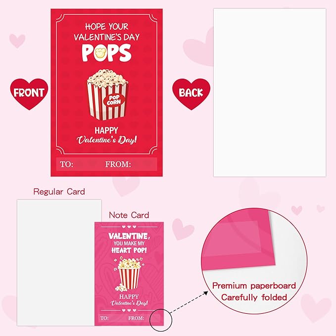 TICIAGA 144pcs Valentine’s Day Popcorn Corn Greeting Cards with Envelop Movie Night and Snack Stickers for Kids Retro Poppin Notecard Exchange Gift for Boys and Girls School Classroom Party Favors