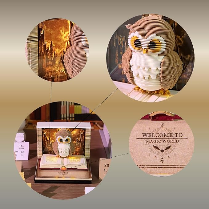 3D Calendar 2026, Owls Piece Calendar 2026 with LED Light, Daily Tear-Off Memo Pad, Owls Paper Carving Desktop Decoration, Unique Holiday & New Year Craft Gift