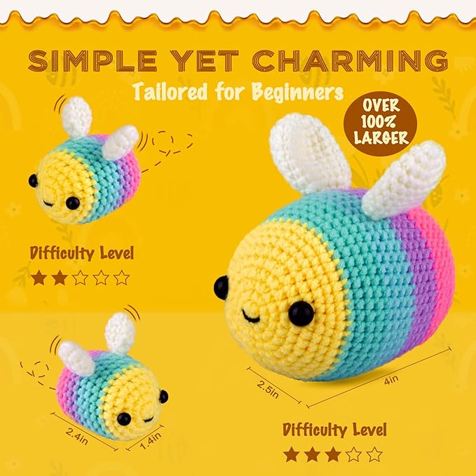 Crochetta Crochet Kit for Beginners, Beginner Crochet Starter Kit with Step-by-Step Video Tutorials, Beginner Crochet Kit for Adults, Knitting Kit for Beginners, 3 Bee (40%+ Yarn Content)