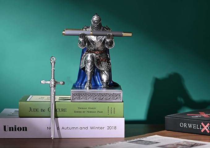 King's Guard Leader Cloak Warrior Knight Pen Holder Mobile Phone Stand, Ornament Knight Statue, Pen Stand Paperweight for Office and Home (SilverBlue)