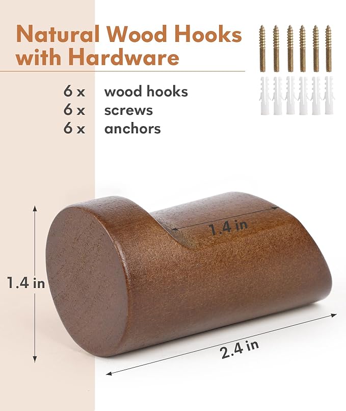 Wood Wall Hooks for Hanging, 6 Pack Hat Hook for Walls, Coat Hook Wall Mount, Backpack Hooks for Walls, Bathroom Towel Hanger (Walnut)