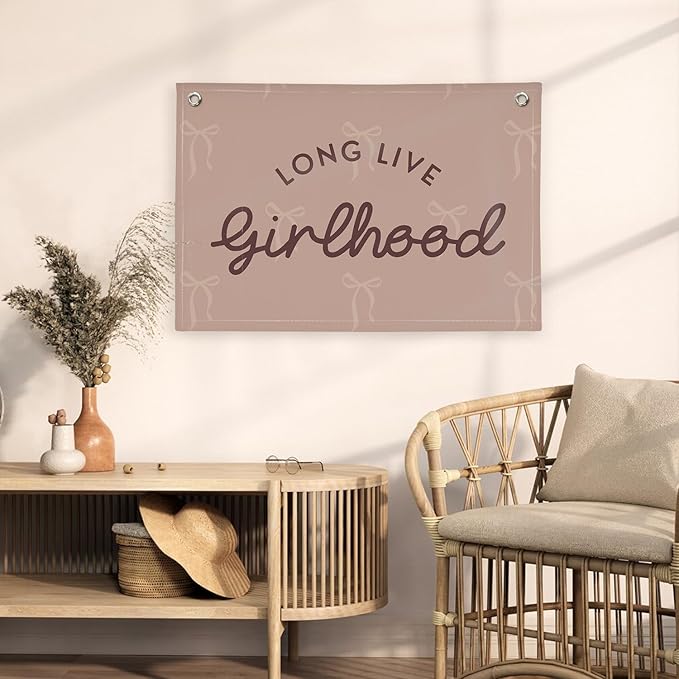 Pink Girls Room Decor，Vintage Coquette Bow Hanging Linen Banner Flag for Baby Girls Nursery Teen Girl Bedroom Dorm Decorations Kids Toddler Room Nursery Playroom Wall,girlroom
