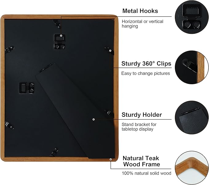 8x10 Picture Frame Natural Teak Wood with Mat for 5x7, Original Natural Solid Wood 8 by 10 Photo Frames with Tempered Glass Cover for Wall and Tabletop Display
