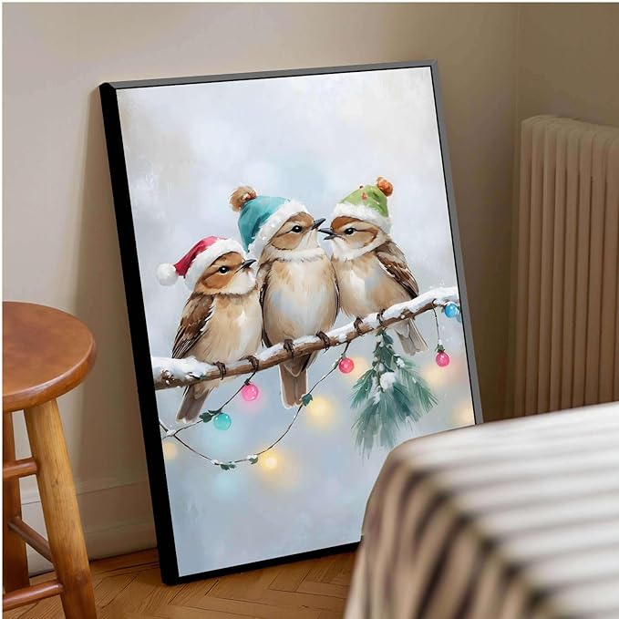 Framed Canvas Wall Art Christmas Birds Winter Art Print Wall Art Holiday Poster Trendy Christmas Decor 8x12in Metal blackFramed