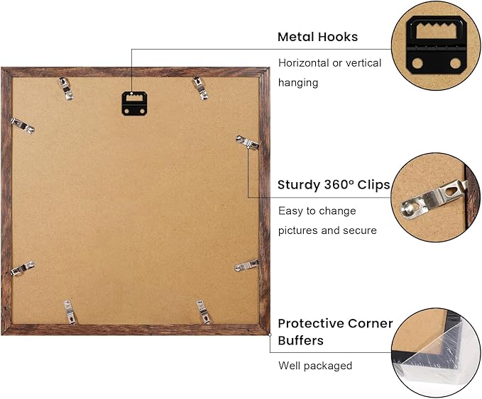 12x12 Picture Frame Set of 9, Photo Gallery Wall Frame Set, Display Pictures 8x8 with Mat or 12 x 12 Without Mat, Square Frame Picture Frames Collage Wall Decor, Rustic Brown