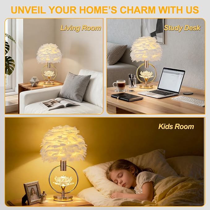 ZYLEIESENBAO Chic White Feather Lamp 17IN Modern Crystal Fluffy Table Lamp Cute Romantic Bedside Nightstand Light Nordic Desk Lamp for Girl Bedroom Living Room Entry Office Wedding Christmas Gift