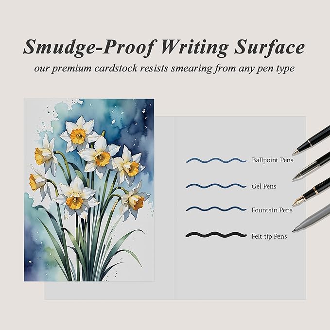 Blank Inside Greeting Card with Envelope, 5x7 Inch Watercolor Daffodil Greeting Card – Birthday, Thank You, Sympathy, All Occasion - Single Card
