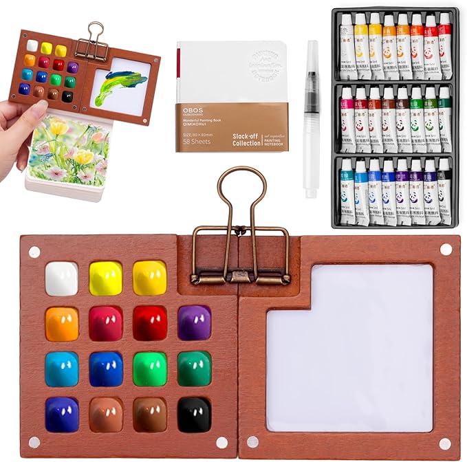 Mini Watercolor Travel Set, Tiny Watercolor Paint Set, Portable Mini Paint Kit with Walnut Wooden Box, SketchBook, Pen, Clip, Pocket Water Color Travel Kit for Painters Artists (24 Color, 15 Grids)