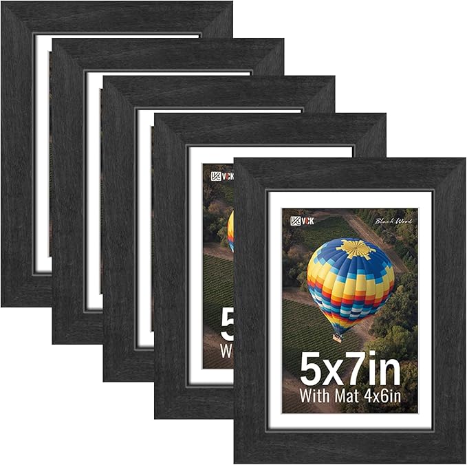 VCK 5x7 Picture Frames Black Set of 5, Wide Border Wood, Tempered Glass, Display 4x6 Photo with Mat or 5 x 7 without, for Home, Office, Gallery, Woodgrain Series, Tabletop & Wall Hanging