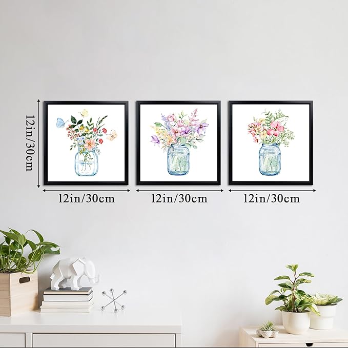 LyerArtork 3 Piece Flowers Wall Art Canvas Prints Butterfly Wildflowers in the Vase Floral Botanical Watercolour Painting Rustic Wall Decor for Living Room Bedroom Black Framed 12x12inchx3