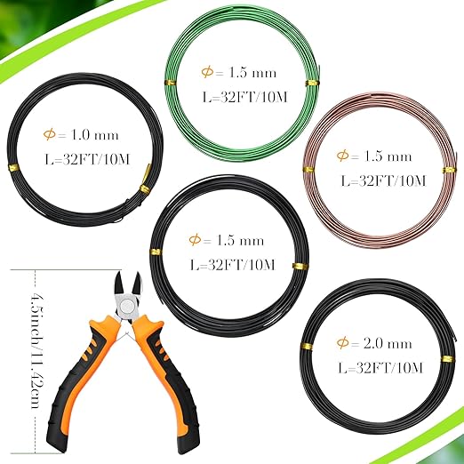 Mudder 5 Roll Aluminum Bonsai Training Wire Tree 160 Feet Total with Bonsai Wire Cutter Anodized Training for Holding Branches Small Trunks (Classic)