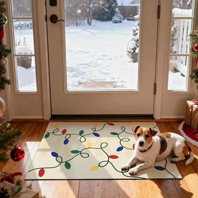 jinchan Jingle Lights Christmas Rug 2x3 for Entryway Kitchen Small Beige Holiday Rug for Porch Bathroom Colored String Lights Winter Xmas Soft Festive Decor Washable Doormat for Bedroom Non Slip