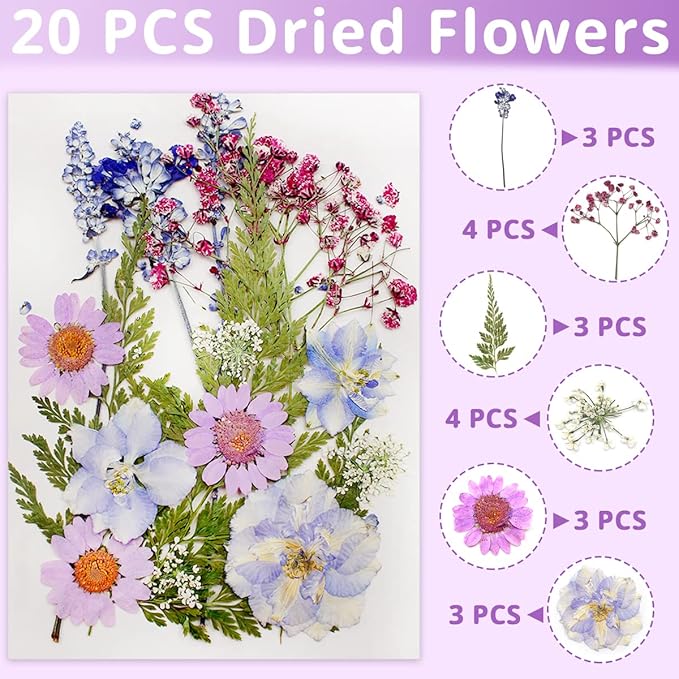 Cinvo 54 Pcs Real Dried Pressed Flowers and Leaves Natural Dried Petals Greenery with Tweezer for Candle Resin Jewelry Soap Nail Pendant Phone Case Crafts Making Floral Decors DIY Embellishments