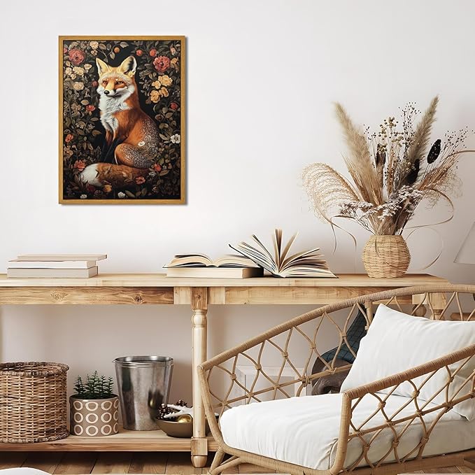 Framed Vintage Wall Art, Boho Canvas Wall Art, Dark Flowers Pictures, Nature Botanical Wall Decor, Fox Animal Paintings Prints, for Living Room Bedroom Home Decor 16x24in