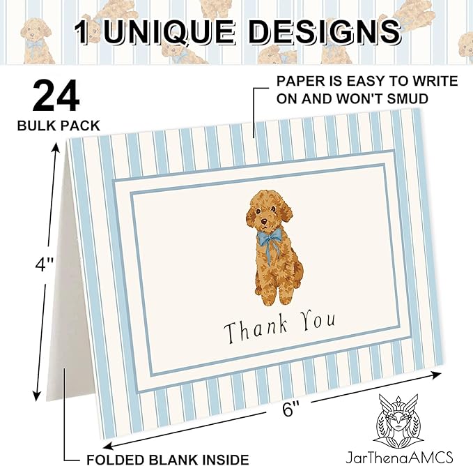 JarThenaAMCS 24 Pack Dog Thank You Cards Greeting Cards Blue Stripe Dog Blank Note Card with Envelopes Stickers for Birthday Baby Shower Party Supplies, 4 x 6 Inch