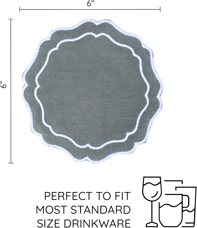 Drink Coasters Set of 6, 6x6 inch, Absorbent Linen Drink Mats with Scalloped Edge, Reusable Handmade Coffee Coasters for Home Decor & Tabletop Protection & Gift Giving (Sage)