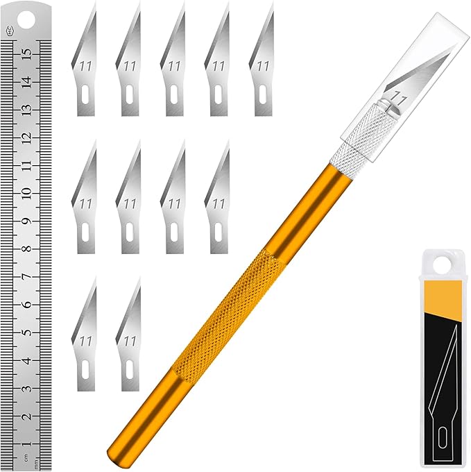 DIYSELF 1 Pcs Craft Knife Hobby Knife with 11 Pcs Stainless Steel Blades Kit, 1pcs Steel 15MM Ruler for Art, Scrapbooking, Stencil(Gold)