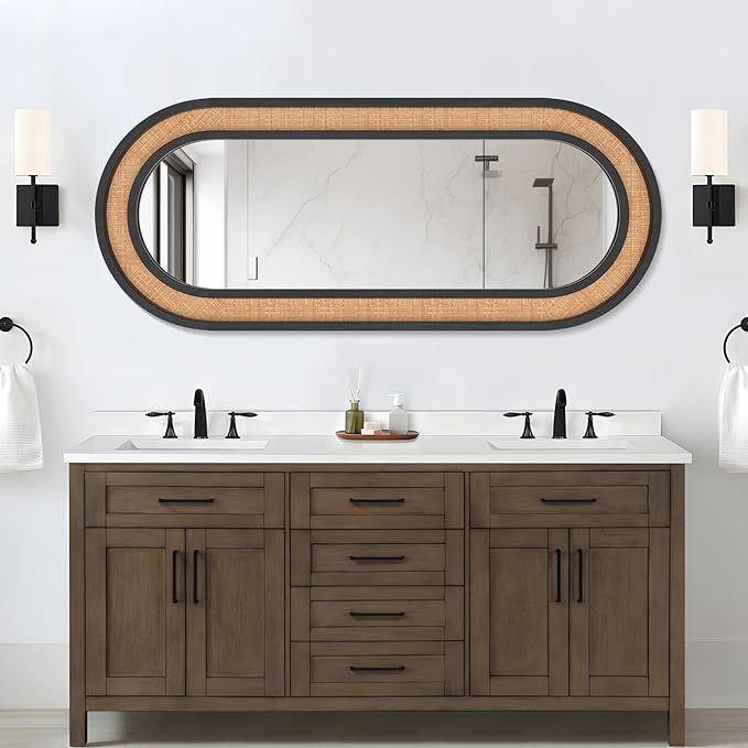 Rattan Wall Mirror with Wooden Framed Black Oval Bathroom Mirror 20 X 48 inch Farmhouse Wood Mirror for Modern Decorative Bathroom, Living Room, Entryway, Bedroom