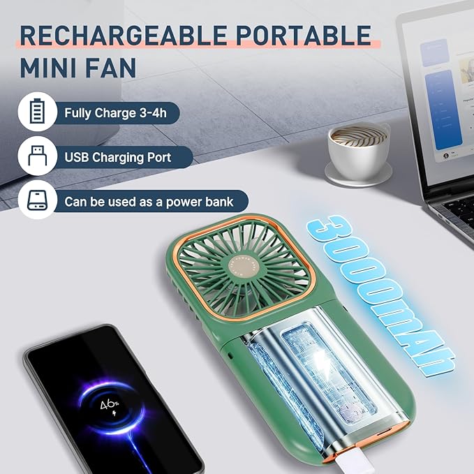 FADACHY Mini Fan,USB Portable Charger Handheld Fan, Small Personal Fan with 3 Speeds Neck Fan 3000mAh Power Bank