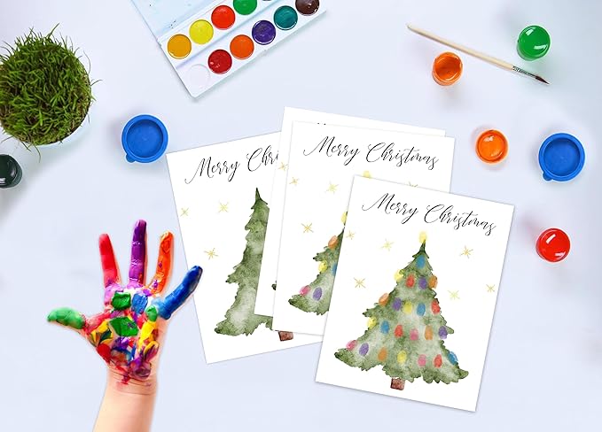 Christmas Tree Fingerprint Art Craft Kit for Family Activities, 10 Pcs Christmas Crafts Bulk DIY Handprint Card Making, Funny Finger Painting Keepsake Gift for Mom Dad Grandma Grandpa