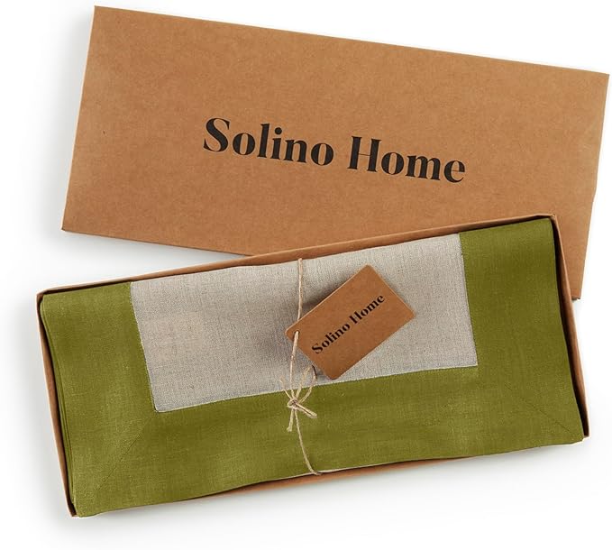 Solino Home Linen Table Runner 60 Inches - 100% Pure Linen Avocado and Natural Short Table Runner 14 x 60 Inch Ideal for Dresser and Coffee Tables - Contempo - Winter, St Patricks Day