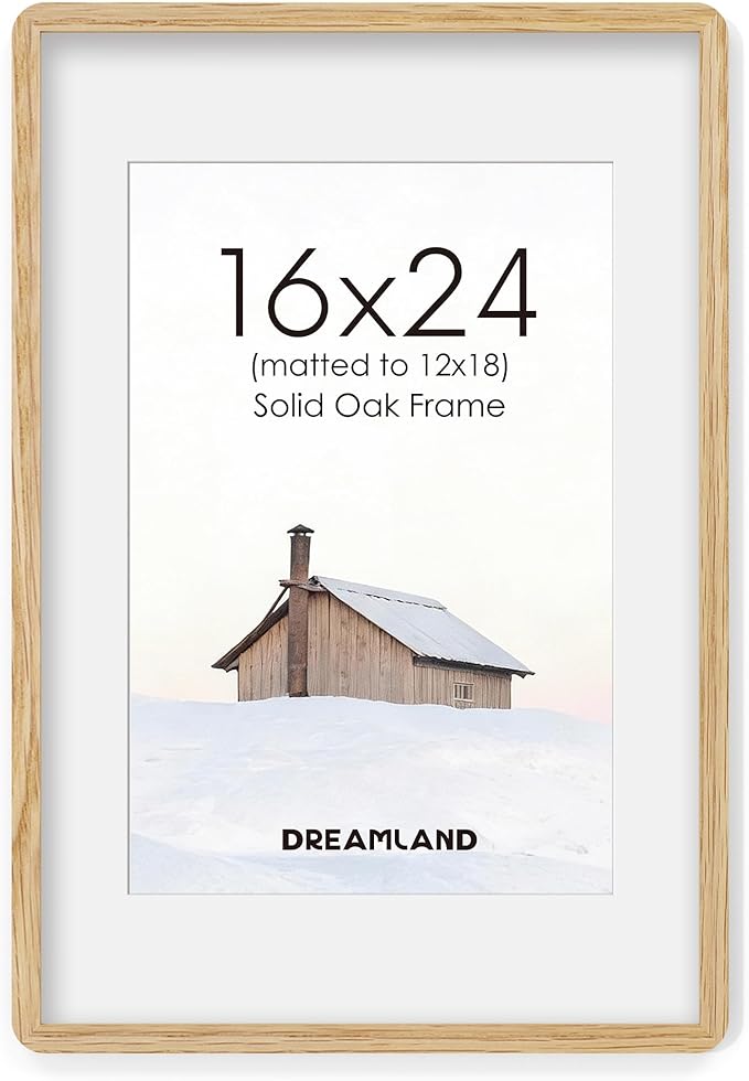 Dreamland 16x24 Picture Frame, Natural Oak Wood Photo Frame with Mat for 12x18, Round Corner 16 x 24 Matted Picture Frames with Resistant Plexiglass for Wall Mounting or Tabletop, Oak Color, Set of 1