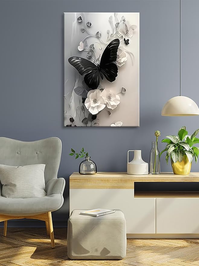 Black Butterfly with Flowers Canvas Poster Modern Minimalist Wall Art Trendy Elegant Painting Prints Vintage Nature Botanical Aesthetic Home Decor for Bedroom Living Room 12x16inch Framed