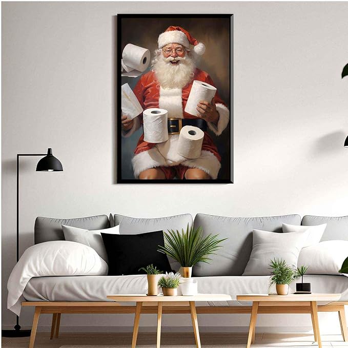 Framed Canvas Santa Bathroom Wall Art Toilet Humor Decor Vintage Christmas Holiday Wall Art Restroom Amusing Gift Santa Toilet Rolls Funny Poster 20x30in Metal blackFramed