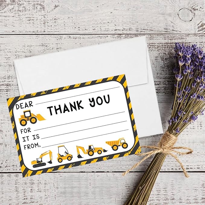 Andaz Press Kids Fill in the Blank Thank You Cards - 20 Cards Including Envelopes Construction Trucks Fun Gender Neutral Note Cards For Boys or Girls Thank You Notes for Friends, Family, Party Guests
