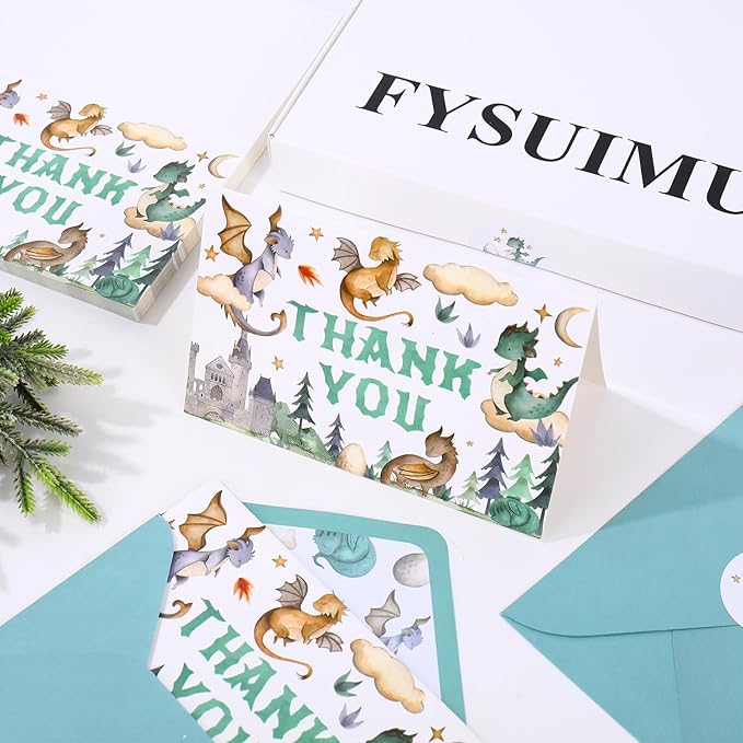 50 Pack Cartoon Dragon Baby Shower Thank You Cards Boxed Greeting Cards with Envelopes Stickers Blank Note Card for Birthday Party Supplies