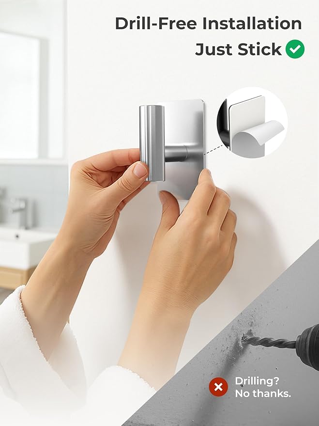 Towel Hooks for Bathrooms – 2 Pack, Brushed Silver Finish, T-Shaped Stainless Steel Adhesive Wall Hooks for Robes & Towels in Kitchen, Shower, or Closet