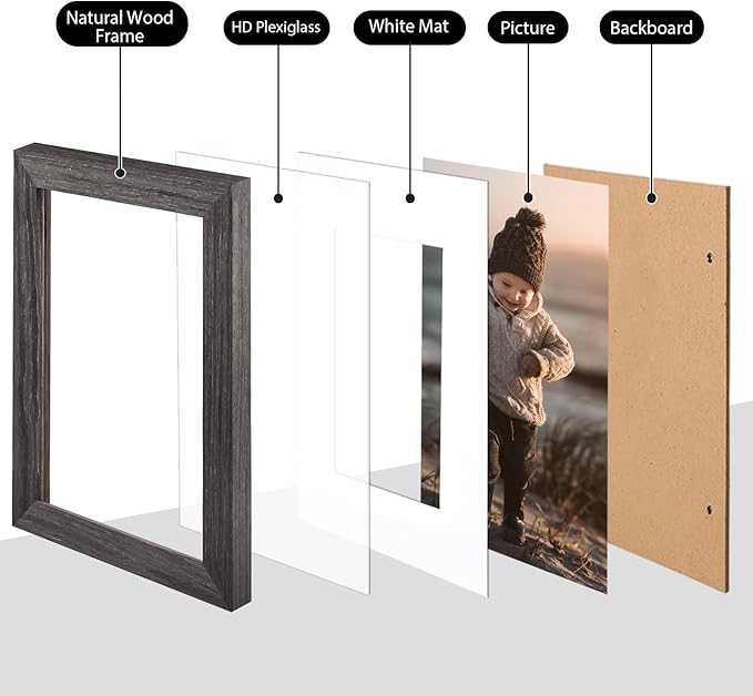 KINLINK 6x8 Picture Frame Ash Black, Solid Wood Frames with Acrylic Plexiglass for Pictures 4x6 with Mat or 6x8 without Mat, Tabletop and Wall Display Photo Frame, Set of 4