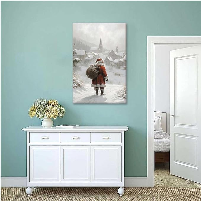Framed Canvas Wall Art Vintage Santa Claus Wall Art Farmhouse Christmas Print Festive Holiday Home Decor Santa Claus Painting 8x12in Wood Framed