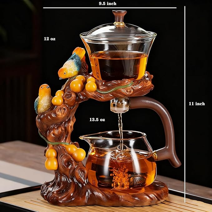 Lazy Kungfu Glass Tea Set Heat Resistant Semi Automatic Drip Rotating with Infuser Magnetic Teapot Set for Gongfu Tea Making Ideal (Gourd Bird)