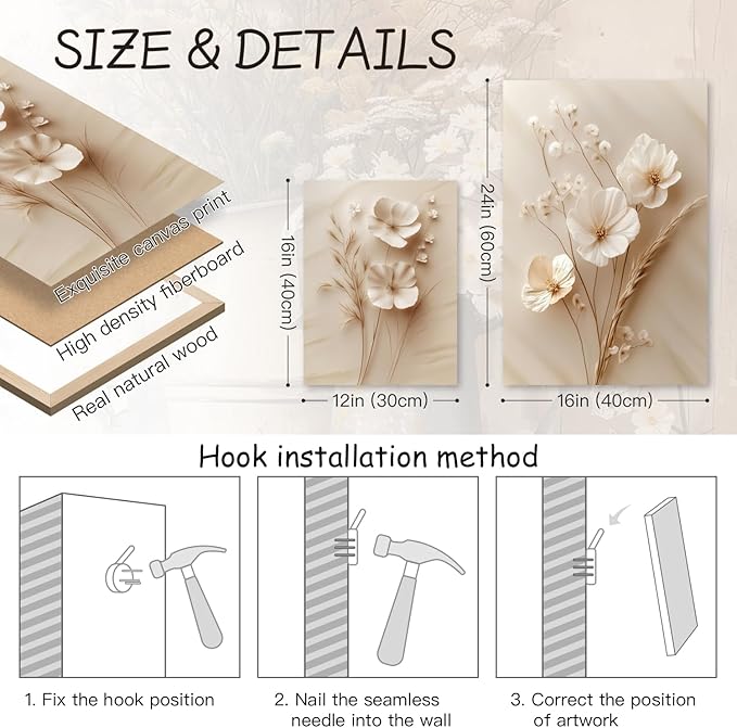 HLXRAE Minimalist Beige Floral Canvas Wall Art, Neutral Farmhouse Wall Decor, Framed Vintage Botanical Poster Prints, Modern Flower Aesthetic Pictures for Bathroom Living Room Bedroom 16"x24"x3