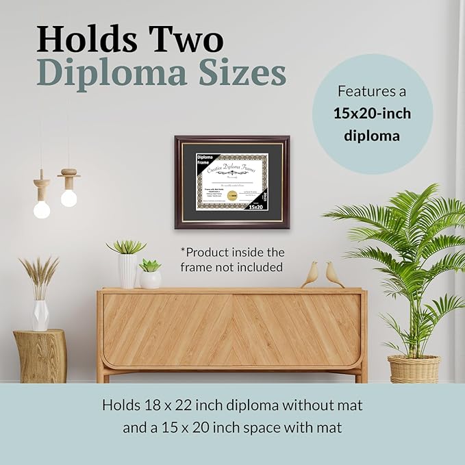Creative Picture Frames 15x20 Classic Black Diploma Frame with Black Mat Glass and Installed Wall Hangers | Frame Holds 18x22 Media without Mat
