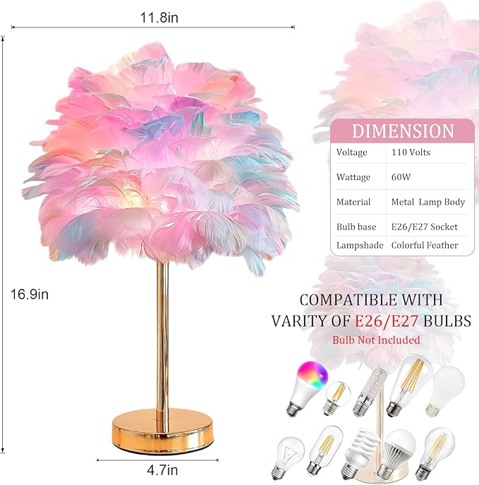 ZYLEIESENBAO Colorful Feather Lamp Creative Teen Feather Table Lamp Romantic Cute Girl Bedside Lamp Nightstand Light Pretty Fluffy Desk Lamp for Wedding Deco Bedroom Living Room Entryway Hotel