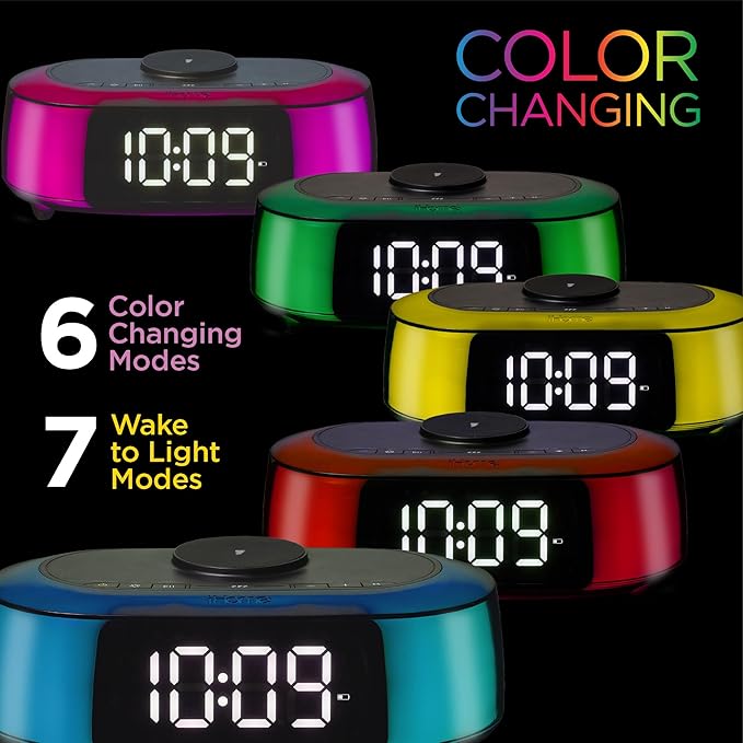 iHome Alarm Clock Radio with Qi2 Magnetic Wireless Charger, Bluetooth Speaker, and 2 USB Chargers (iBTW282)