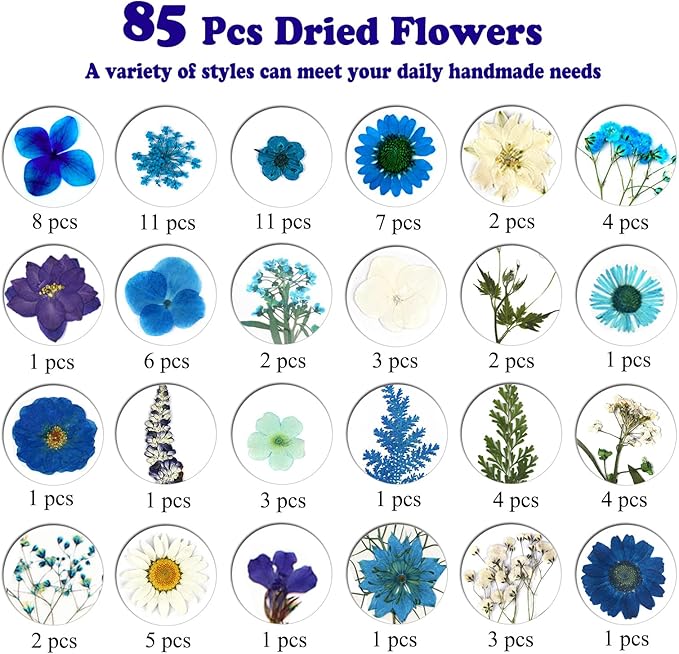 85 Pcs Blue Pressed Dried Flowers for Resin Molds, Real Natural Flowers Leaves Bulk for DIY Art Nail Crafts, Jewelry, Candle, Soap Making