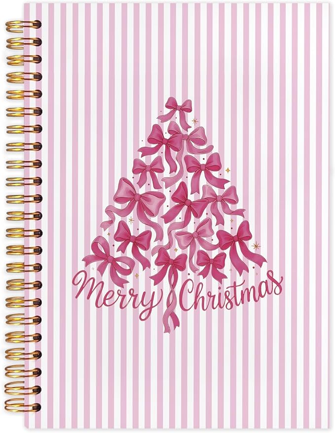Coquette Pink Bow Christmas Spiral Notebook, Preppy Christmas Tree Journal for School Office Supplies, Girly Xmas Aesthetic Holiday Hardcover Journal 5.5x8.3 Inch