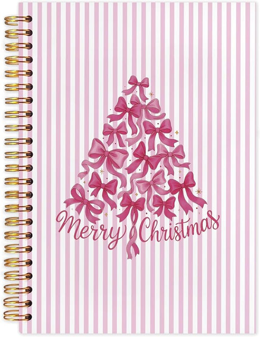 Coquette Pink Bow Christmas Spiral Notebook, Preppy Christmas Tree Journal for School Office Supplies, Girly Xmas Aesthetic Holiday Hardcover Journal 5.5x8.3 Inch