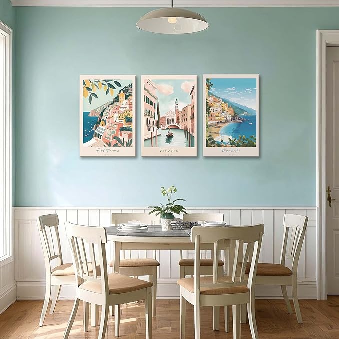 XLARTMY Italy Amalfi Coast Travel Posters Wall Art Framed Canvas Decor City Landscape Blue Venice Coast Painting Beach Modern Artwork for Living Room Bedroom Bathroom Office Set of 3 16x24in