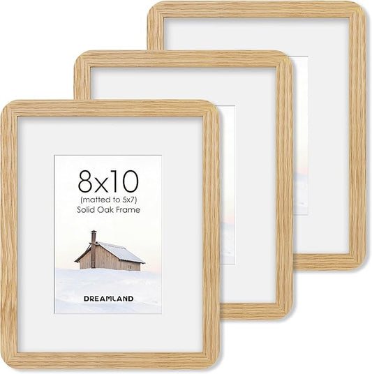 Dreamland 8x10 Picture Frame Set of 3, Solid Oak Wood Photo Frame with Mat for 5x7, Round Corner 8 x 10 Matted Picture Frames with Resistant Plexiglass for Wall Mounting or Tabletop, Oak Color